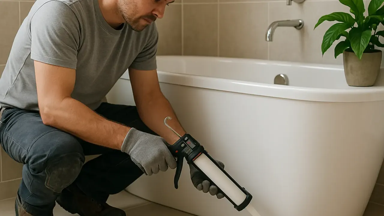 Bathroom fitter sealing the edge of a newly fitted bath